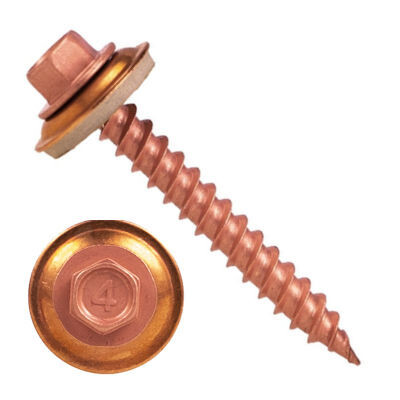 10MCN3U1032 #10-12 X 2 Self-Piercing Screws, 1/4" Tall IHWH Wide Washer Unslot, Sealing Wsher, 410 SS Copper Plt