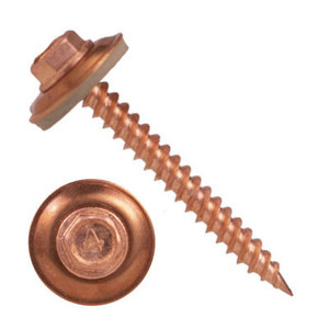 10MCN1U0816 #8-15 X 1 Self-Piercing Screws, 1/4" IHWH Unslotted, Sealing Washer, 410 Stainless, Copper Plated